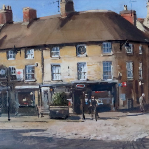 'Red Lion Square', 12x24in, oil on board, painted in the summer of 2020 on location by Stamford painter Nick Grove.