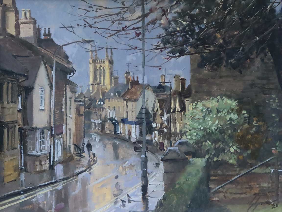 'First Light St Paul's St, Stamford', 12x16in, oil on board, painted in 2021.