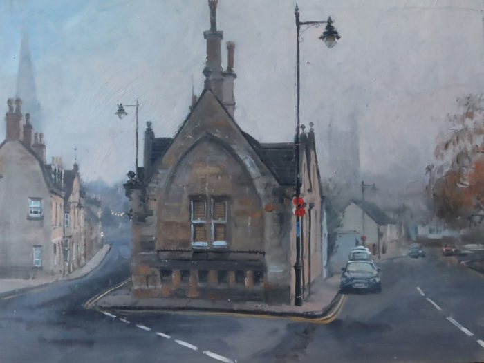 Foggy start, St Peter's Hill, Stamford. 12x16in oil on board. Oil paintings of Stamford, Cambridge, and London by Nick Grove Artist.