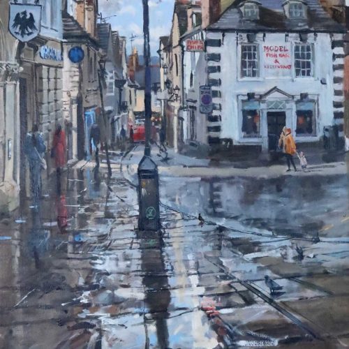 Sunshine after the rain, Red Lion St, Stamford, oil on canvas, 18x24in. A large plein-air painting by Stamford Artist Nick Grove