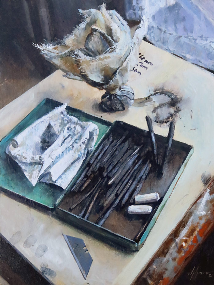 'Things on Stool, 2', 12x16in, oil on board, painted in 2021. A still life painting from the studio by Nick Grove Artist.