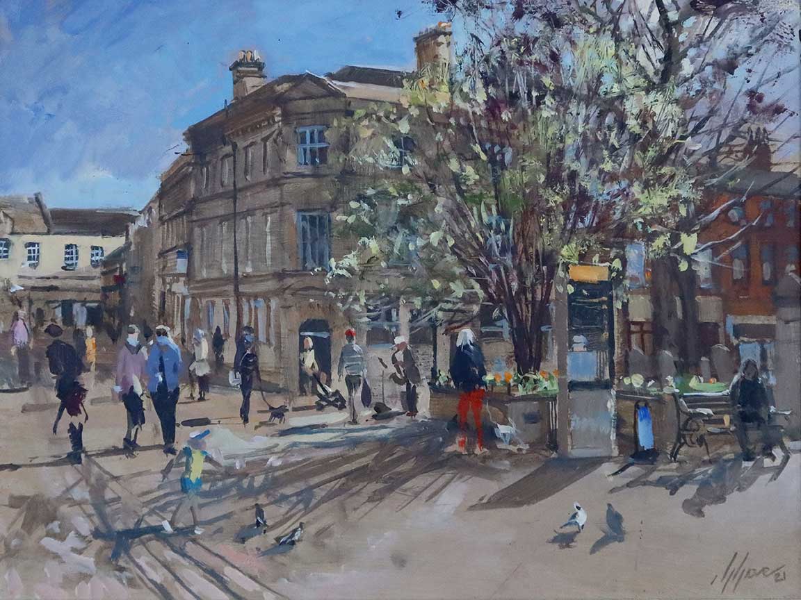 'Spring Sunshine, High St, Stamford', 12x16in, oil on board, painted in 2021. Studio and plein-air paintings by Stamford Artist Nick Grove.