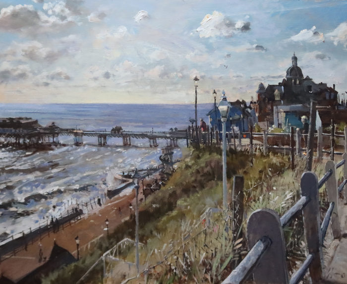 'Bright start to the day, Cromer, June', 18x24in, oil on board. Painted en plein air by Nick Grove Norfolk Artist.