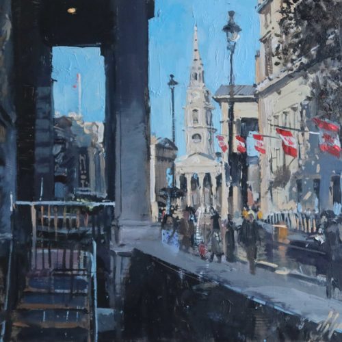 'Outside Kinnaird House, Pall Mall East' 10x12in, oil on board.