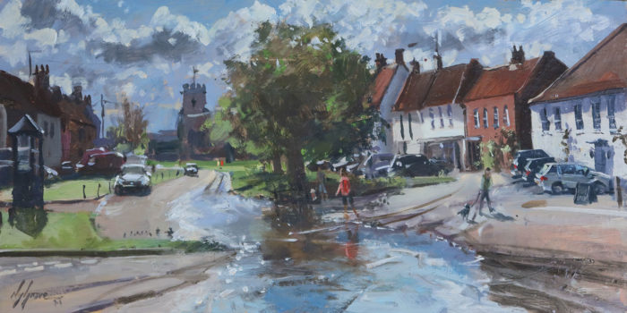 'The Green in flood, Burnham Market', 8x16in, oil on board, painted in 2021.