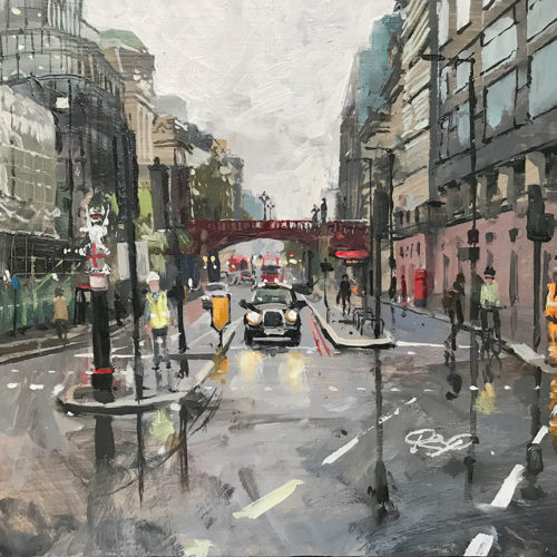 'Farringdon Road, looking South towards the Holborn Viaduct', 12x16in, oil on board, painted in 2021 by London Artist Nick Grove.