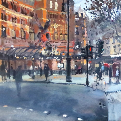 'Cambridge Circus, London', 10x20in, oil on board, painted in 2022 by London Artist and Plein Air Painter Nick Grove ARSMA.