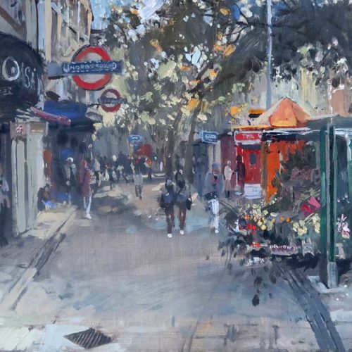 'Outside Holborn Underground', 12x16in, oil on board, painted in 2021 by landscape and cityscape artist Nick Grove ARSMA.