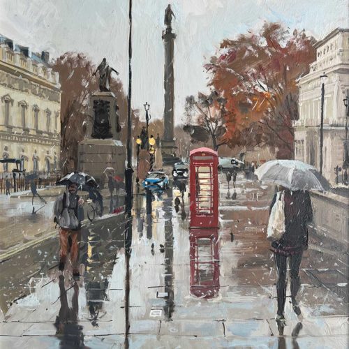'Wet through at Waterloo Place', 16x20in, oil on board, painted in 2022 by all weather plein-air painter and Landscape Artist Nick Grove.