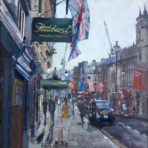 'Outside Hatchards', 18x24in, oil on canvas, painted in 2021.
