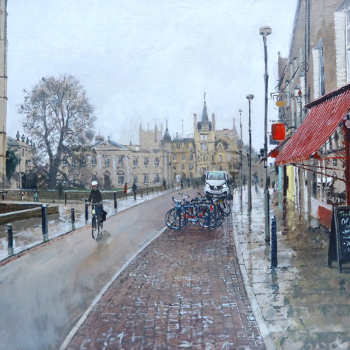 'Drizzly start, Kings Parade, Cambridge', 18x24in, oil on board, painted in 2022 by plein air painter and artist Nick Grove ARSMA.