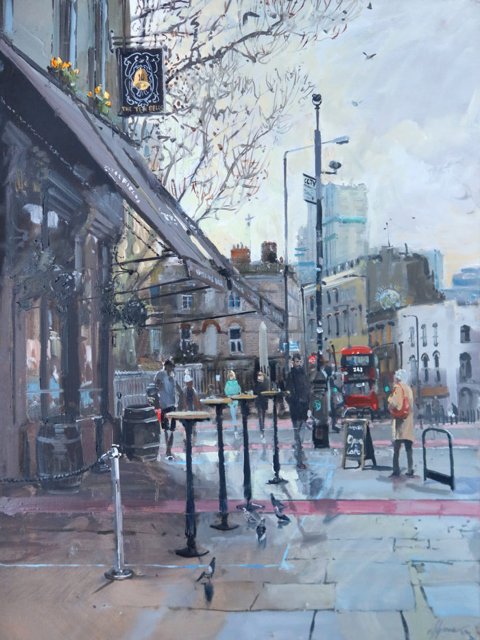'Heading down Commercial Street, London', 18x24in, oil on board, painted in 2022 'en plein air' by all weather plein air artist Nick Grove.