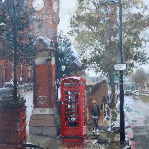 'Outside St Pancras Station', 12x16in, oil on board, painted in 2022 by plein air painter and artist Nick Grove ARSMA.