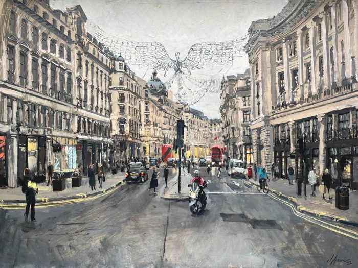 'Regent Street, Looking North', 18x24in, oil on board, painted in 2022 'en plein air' by Nick Grove. London artist and cityscape painter.