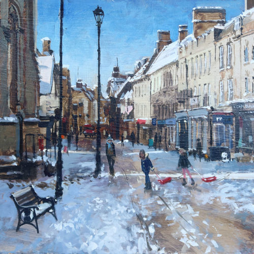 Sun after snow, Stamford High Street painting