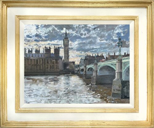 Across the water from Albert Embankment Path. Exhibited with the Royal Society Of Marine Artists. London painting of the Thames. Paintings of London along the Thames.