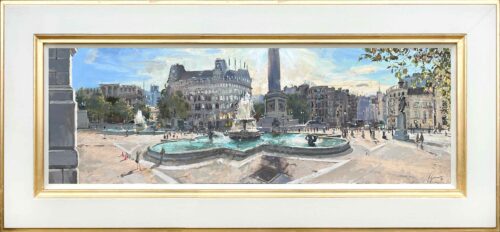 Autumn Magic, Trafalgar Square. Trafalgar Square paintings in oil paint by British emerging artist Nick Grove. Original Oil paintings of London for sale direct from the artist. Panoramic paintings of Trafalgar Square.