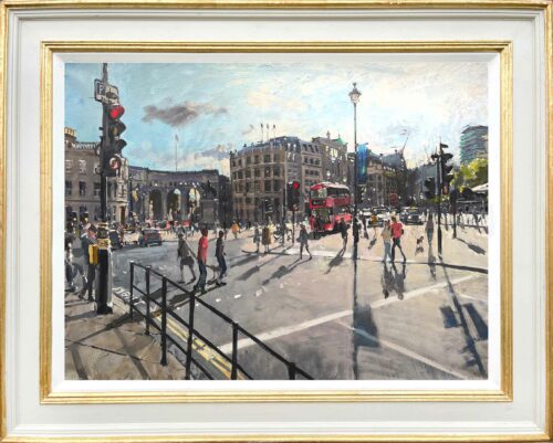 Bright light, Trafalgar Square, 18x24in, oil on canvas, painted in 2021 by Landscape painter Nick Grove. Trafalgar Square paintings. Paintings of Trafalgar Square. Fine art paintings of Trafalgar Square.