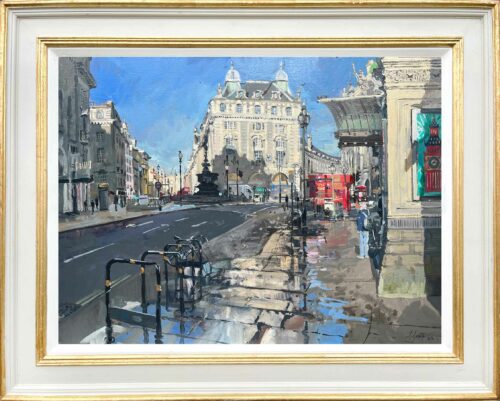 Oi painting of Piccadilly Circus in Spring by UK artist Nick Grove
