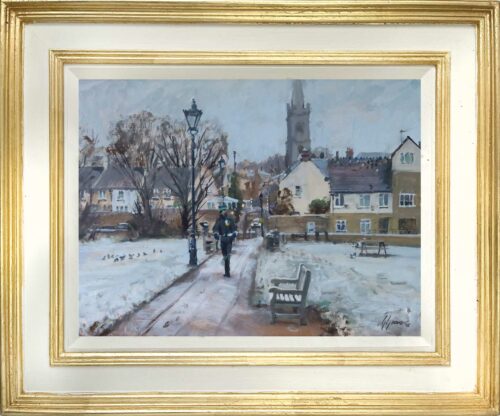 Frosty Start, Town Meadows, Stamford, 12 x16in, oil on board. Landscapes, street scenes, plein air paintings by Nick Grove.