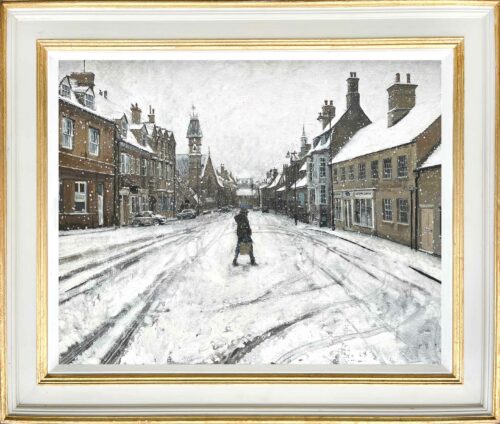 Heavy Snow, Broad Street, 30x24in, oil on canvas, painted in 2022 by fine art artist Nick Grove ARSMA. Painted on location in Snowy Stamford. Fine art snow scenes.