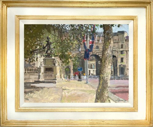 Outside The Mall Galleries. Painted en plein air at the Royal Society of Oil painters open exhibition. Oil painting demonstrations b y Nick Grove Artist.