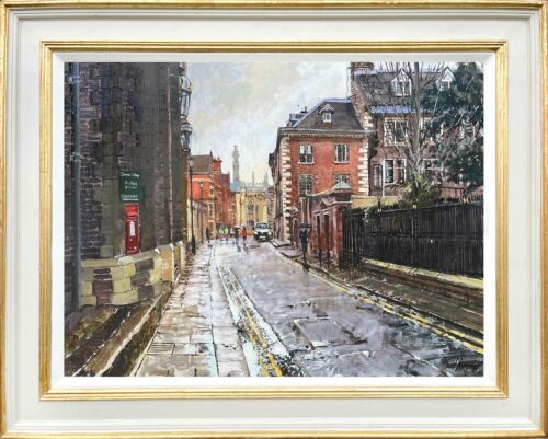 Queens Lane, Cambridge, 18x24in, oil on board, painted in 2022 by Cambridge painter and artist Nick Grove. All weather Plein-air painter and Fine Artist.