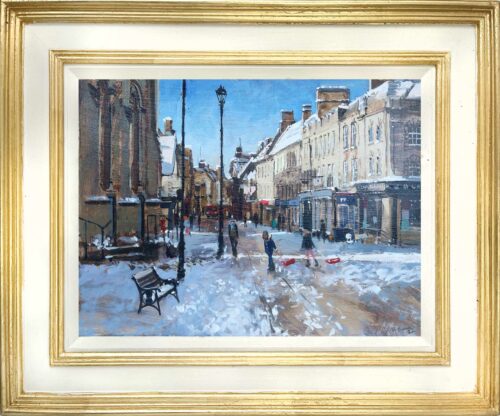Sun after snow, Stamford High Street', 12x16in, oil on board, painted in 2022 by plein air painter and Stamford artist Nick Grove ARSMA. Original fine art oil paintings of England.