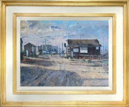 The Harbour Masters Office, 12x16in, oil on board, painted in 2021 at 6am in the summer. Southwold harbour paintings. Southwold harbour painting by Suffolk painter.