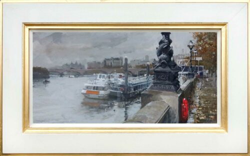 Oil painting of Victoria Embankment towards Waterloo Bridge by UK artist Nick Grove