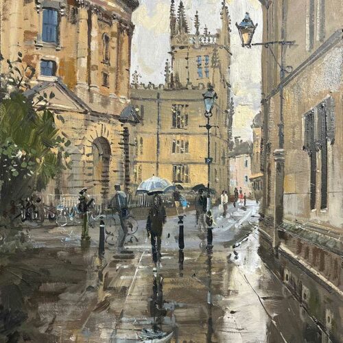 Catte Street towards Radcliffe Square, Oxford. Rainy day scene of Oxford. Plein air painter Nick Grove paints Oxford Town, Urban Impressionism.