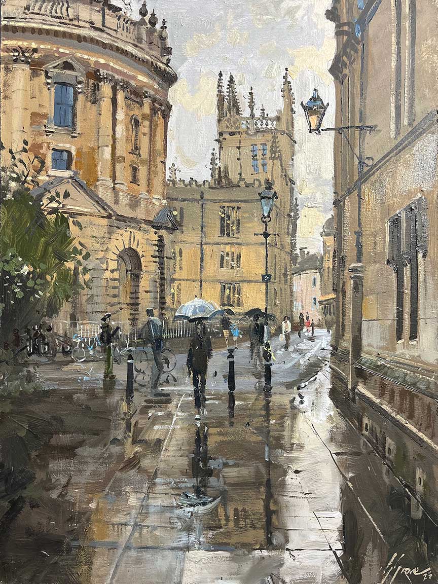 Catte Street towards Radcliffe Square, Oxford. Rainy day scene of Oxford. Plein air painter Nick Grove paints Oxford Town, Urban Impressionism.