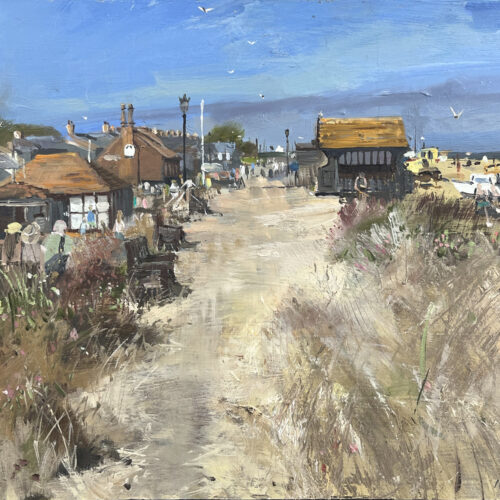 Along the Crag Path Aldeburgh Aldeburgh Museum from Crabbe Street plein air painting by nick Grove