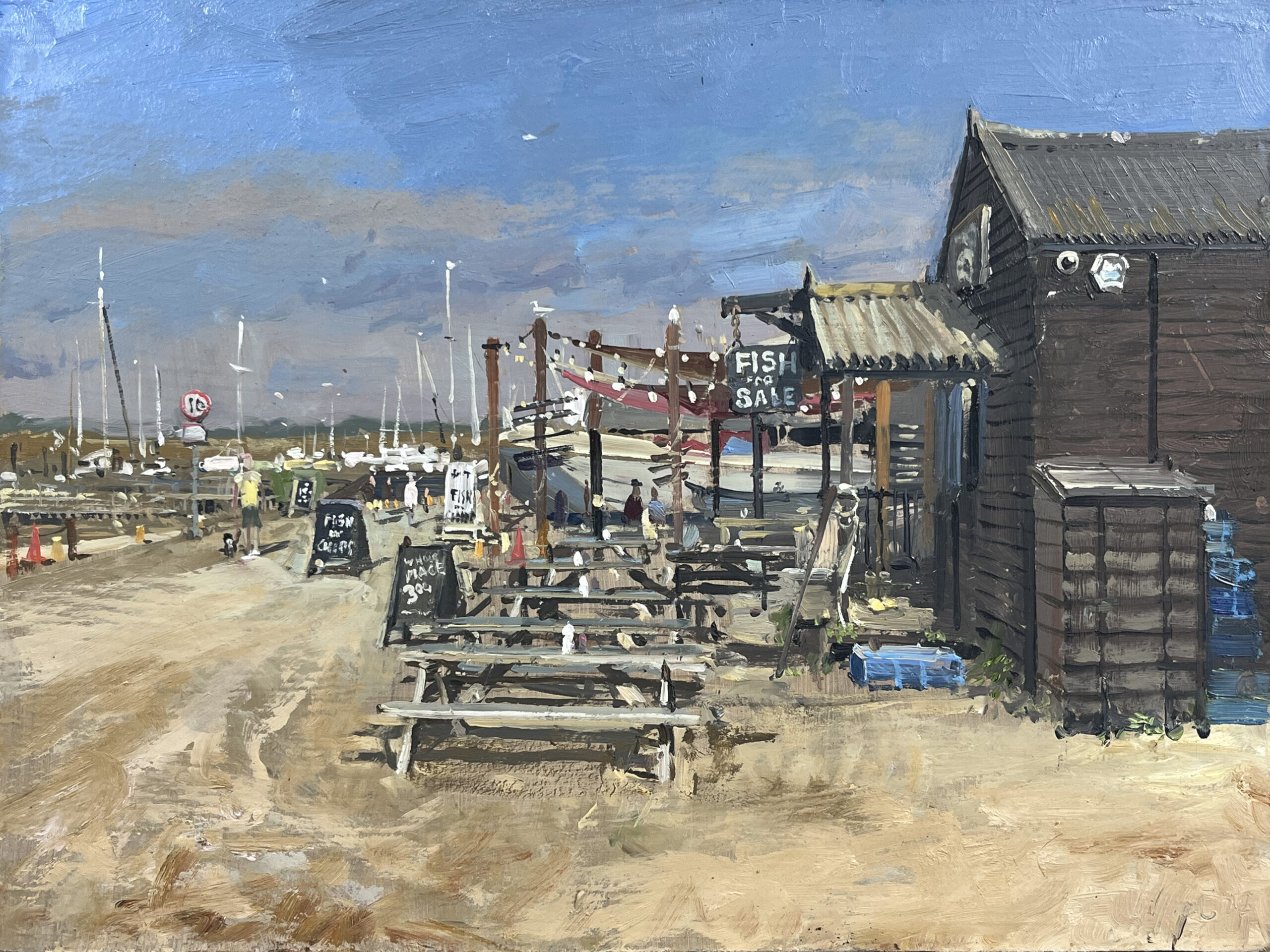 Ready for the day ahead, Southwold Harbour oil painting by Nick Grove