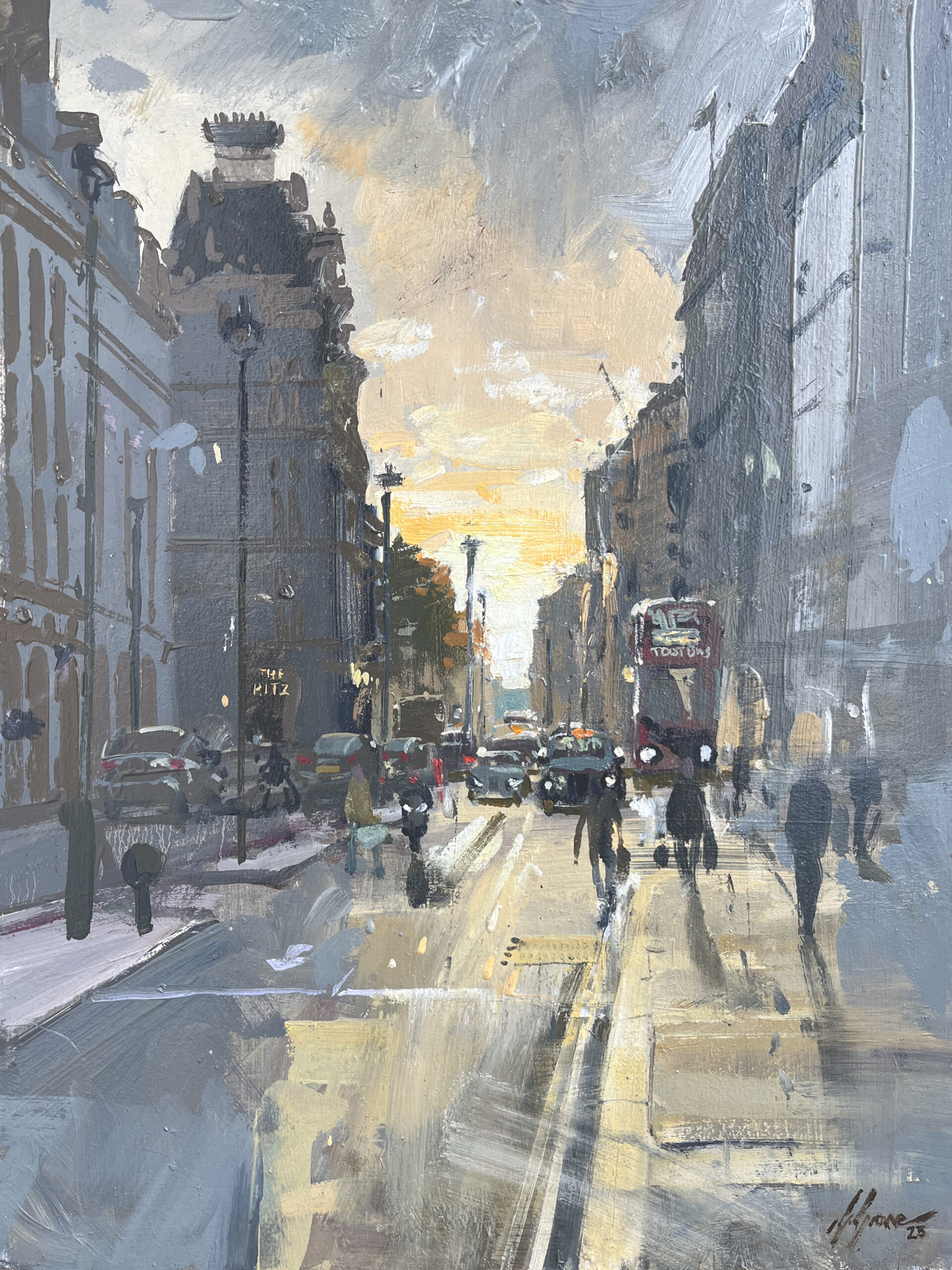 Sun going down at Piccadilly. Painting by Nick Grove.