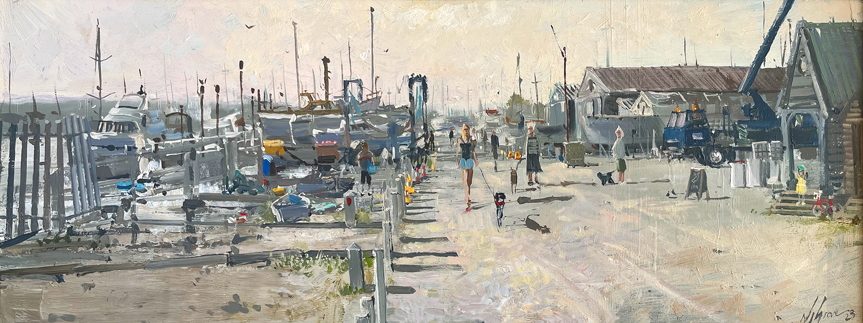 Dog walkers, Southwold Harbour painting by Nick Grove