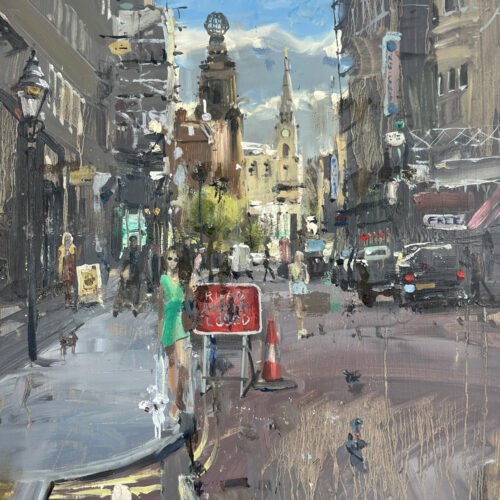 Road Ahead Closed, St Martins Lane. An original oil painting by plein air artist Nick Grove. London paintings by emerging British Artists.