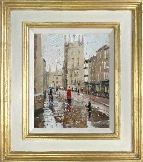 Raining hard on Trumpington St, Cambridge. Oil painting of Cambridge by Nick Grove