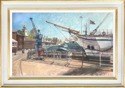 The Cavalier, the Ocelot, and the Gannet. Three Historic Warships at Chatham Historic Dockyard. An oil painting by Nick Grove. 48x30in, oil on canvas, £8000. Be original, Buy original.