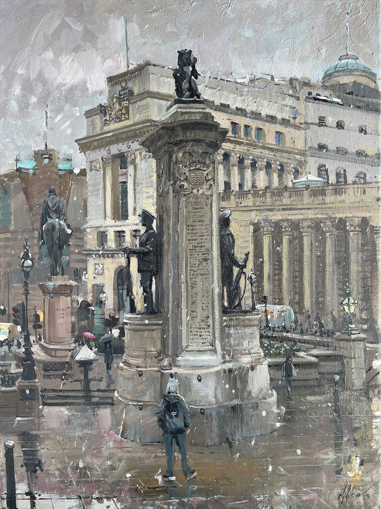 'The London Troops War Memorial', 18x24in, oil on canvas. A wet and rainy scene of London from Bank. Created by award winning artist Nick Grove RSMA.