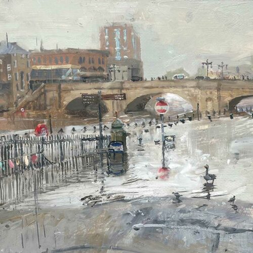 The Ouse in flood, York. An oil painting by British Artist Nick Grove.