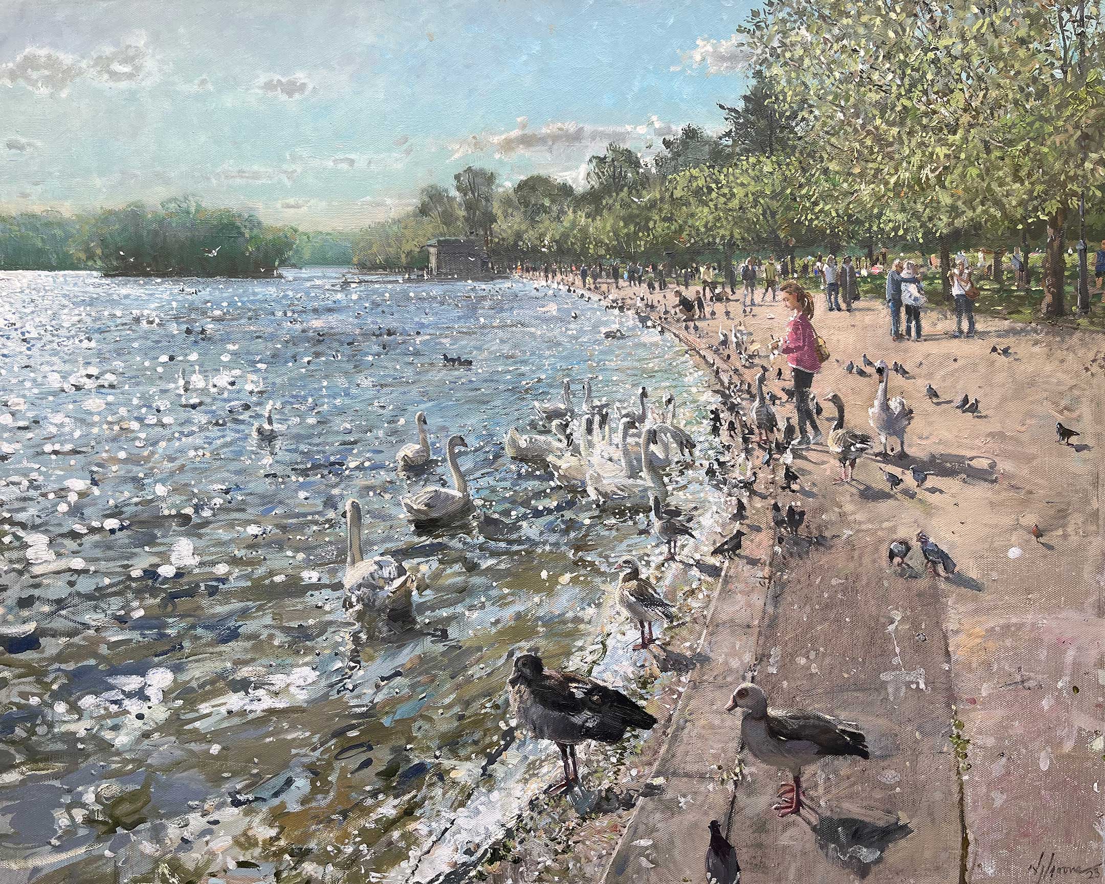 'The Serpentine', 24x30in, oil on board, a studio paining by award winning artist Nick Grove RSMA. Hyde Park Paintings by Nick Grove.