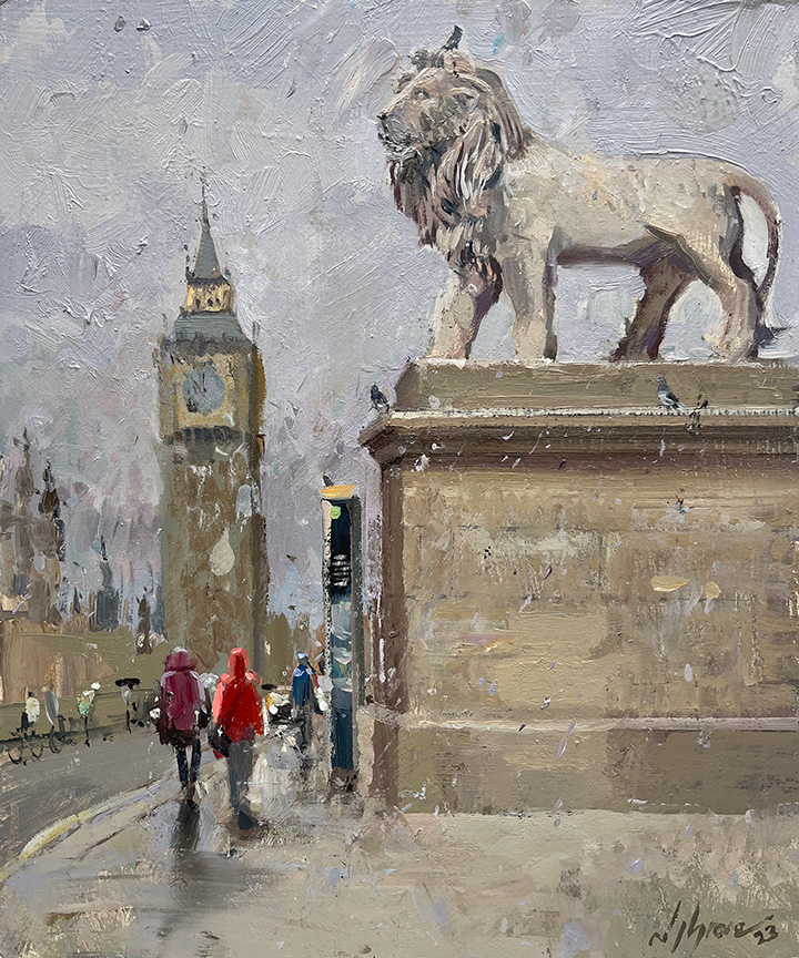 'The South Bank Lion', a plein air painting from London. Created on location by award winning artist Nick Grove RSMA.
