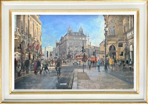 Back to Life. Original plein air oil paintings of the Piccadilly Circus by UK artist Nick Grove. Large oil paintings of Piccadilly Circus.