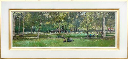 Late Summer in Russell Square. Russel square paintings in oil paint by London emerging artist Nick Grove. Original Oil paintings for sale direct from the artist. Panoramic paintings of London.