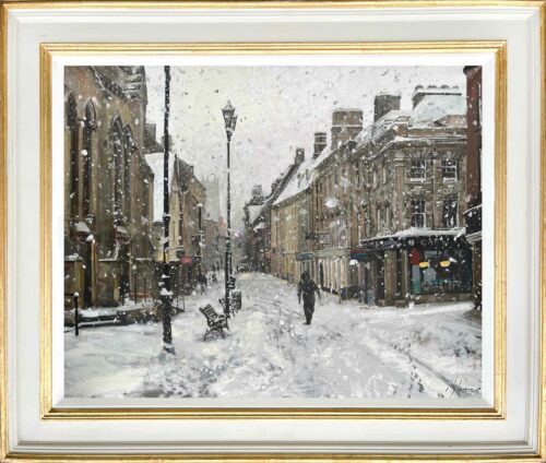 Sudden Snow on the High St, Stamford, 24in x 30in, oil on canvas, painted in oils by fine art painter and artist Nick Grove ARSMA. Snow paintings in oil paint. Snowy paintings.
