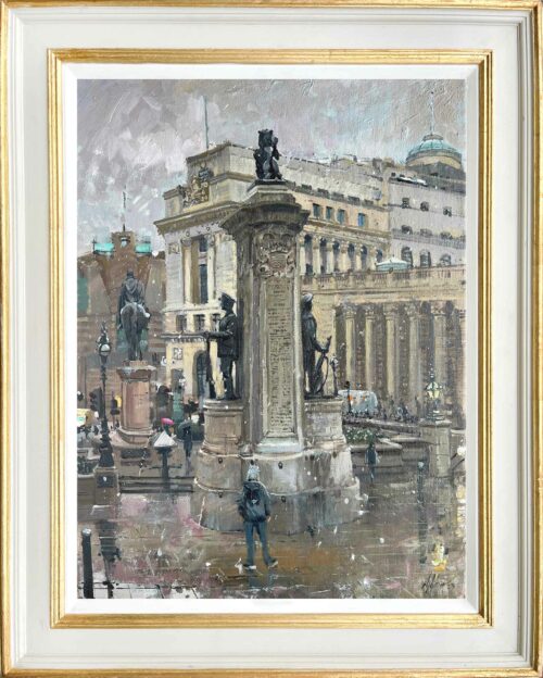 'The London Troops War Memorial', 18x24in, oil on canvas. A wet and rainy scene of London from Bank. Created by award winning artist Nick Grove RSMA.
