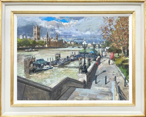 Oil painting of London from the top of the stairs, Albert Embankment
