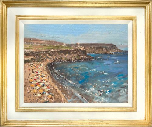 Golden Bay Malta. Created whilst on location at the Golden Sands Hotel in Malta. Original oil paintings by Nick Grove RSMA.