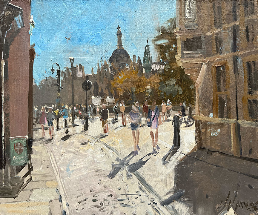 Trinity Street towards Kings, Cambridge, Painting by Artiat Nick Grove RSMA